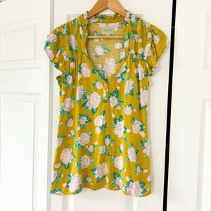 Anthropologie Deletta Mustard Floral Ruffle Sleeve Henley Top Blouse Size Small
